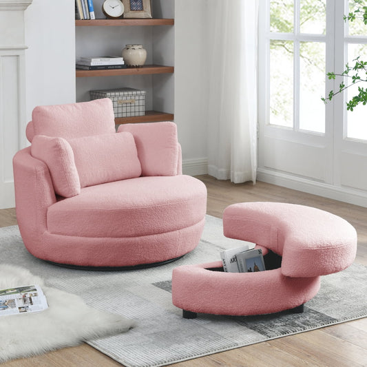 Swivel Barrel Chair, Oversized Swivel Chair with Moon Storage Ottoman Modern Upholstered Accent Chair, round Swivel Barrel Chair with 4 Pillows Leisure Sofa Chair Lounger Armchair for Living Roopink