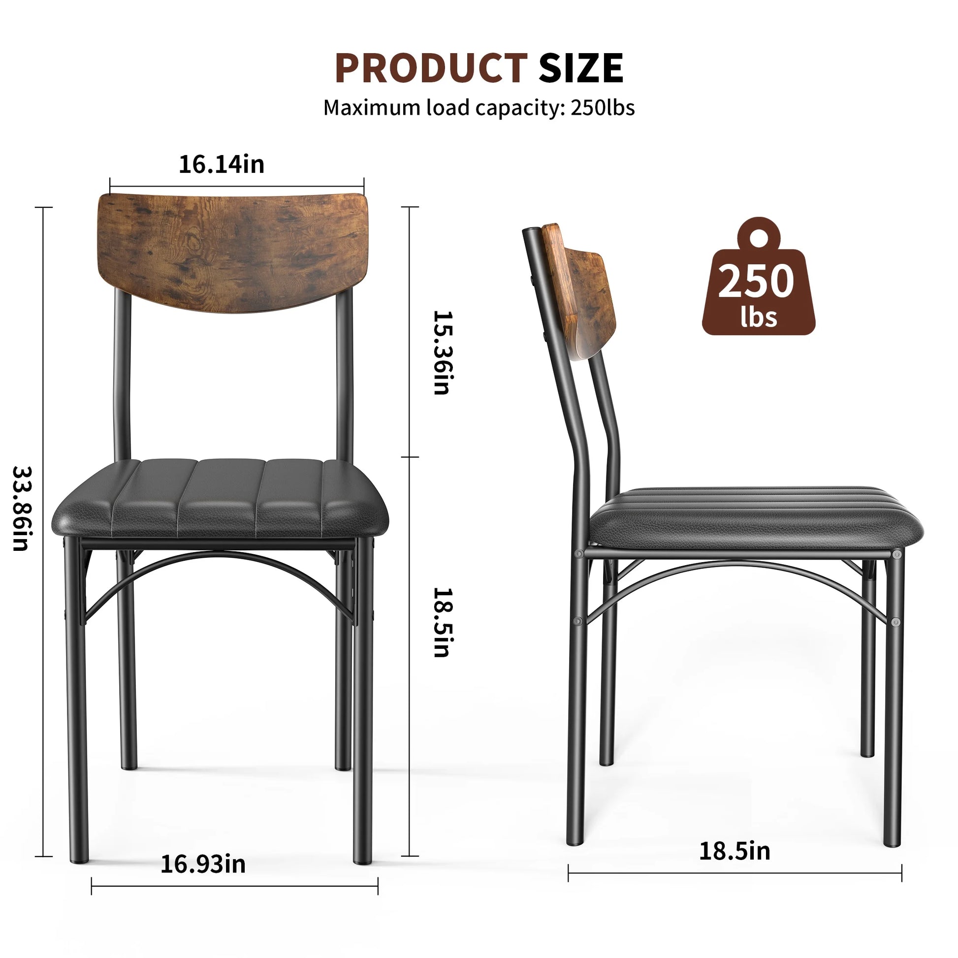 Dining Chair Set of 4, PU Leather Dining Room Chairs, Rustic Kitchen Armless Side Chair with Iron Legs, Walnut