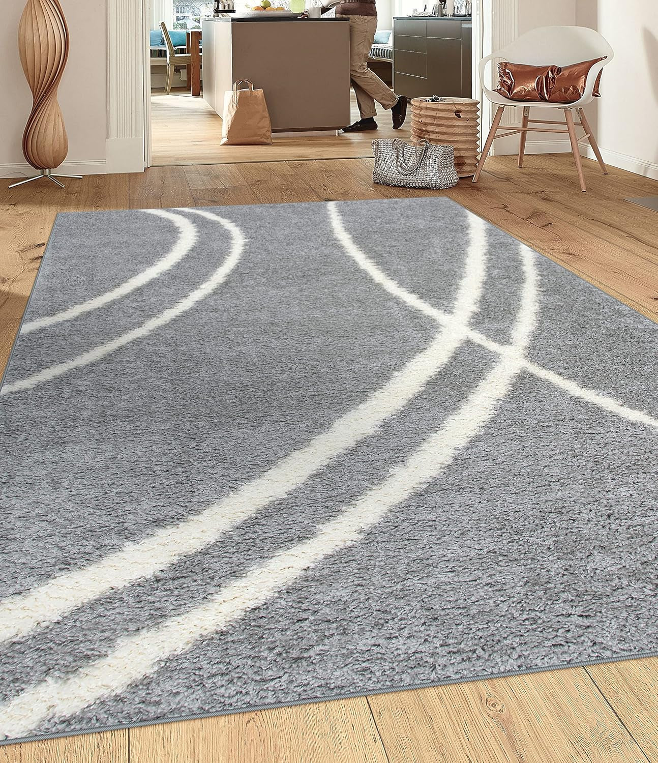 Cozy Contemporary Stripe Perfect for Living Room,Bedroom,Home Office Non-Shedding Plush Shag Area Rug 7'10" X 10' Gray-White