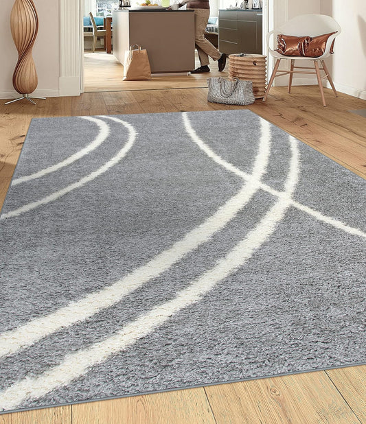 Cozy Contemporary Stripe Perfect for Living Room,Bedroom,Home Office Non-Shedding Plush Shag Area Rug 7'10" X 10' Gray-White