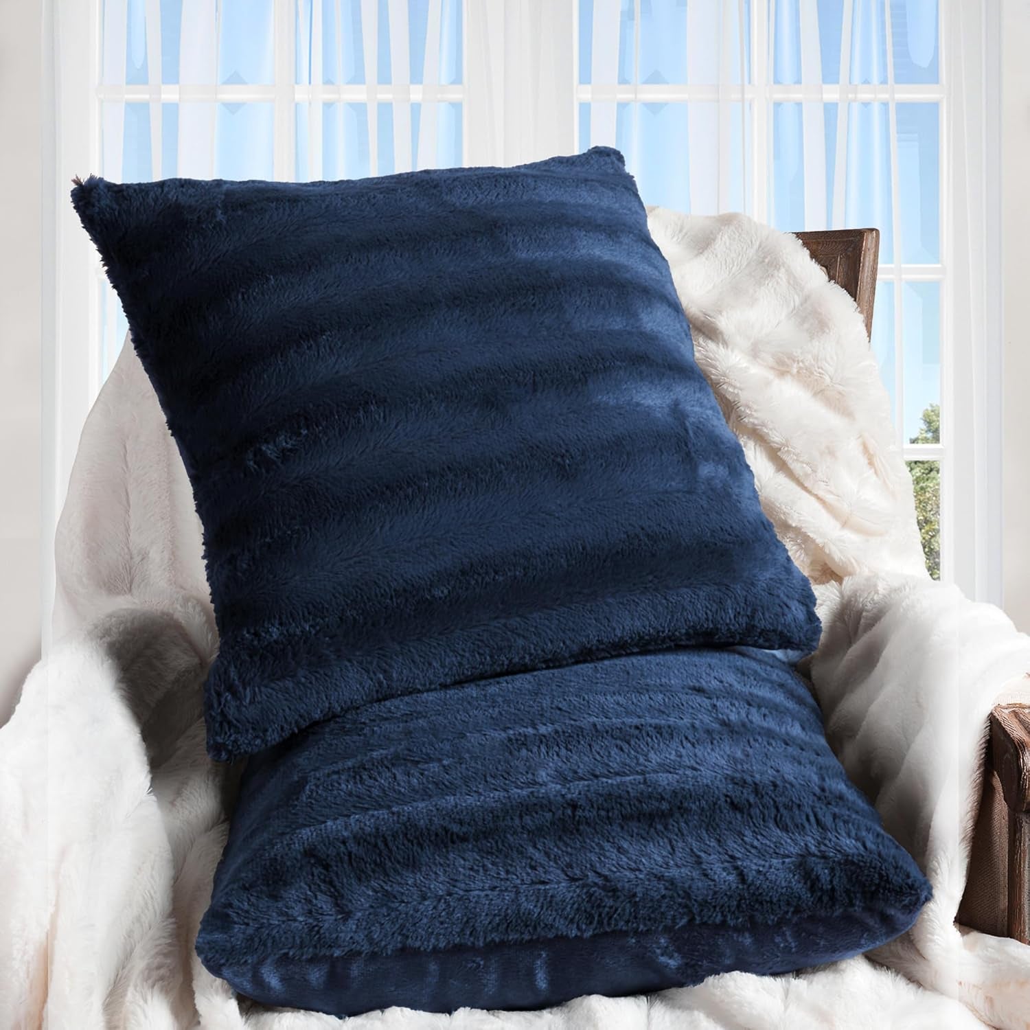 Faux Fur Throw Pillows - Decorative Pillows for Couch, Bed Throw Pillows, Blue Accent Pillows for Bedroom or Living Room Aesthetic, Set of 2 Furry Throw Pillows, 20" X 20"