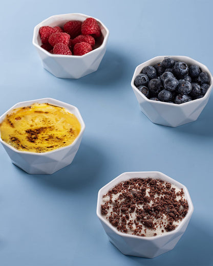 Ramekins 8 Oz, Creme Brulee Ramekins, Porcelain Ramekins Oven Safe, Geometric Style Ramekins for Baking Souffle, Ice Cream, Snack, Charcuterie Bowls, Set of 6, White