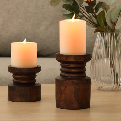 Decorative Wood Pillar Candleholder, Dark Brown, 6"
