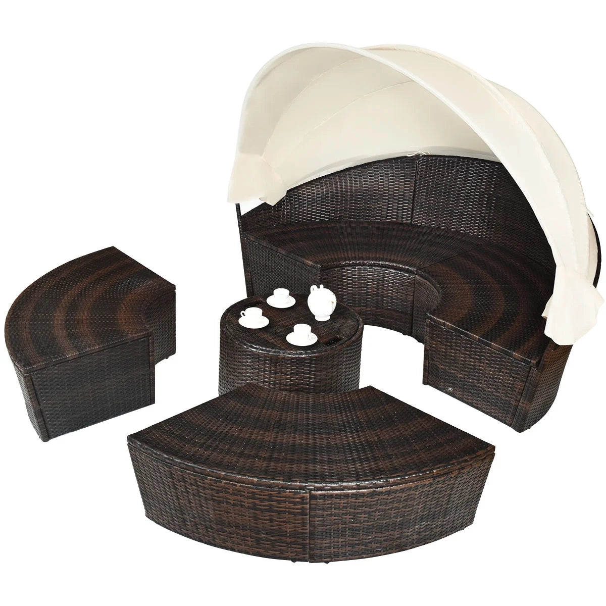 Cushioned Patio Rattan round Daybed W/ Adjustable Table 3 Pillows Canopy