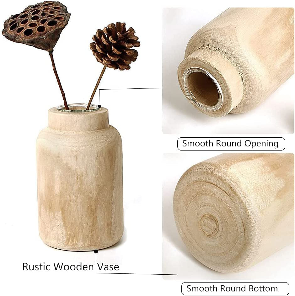 Rustic Wooden Vase Decorative, Natural Wood Vase with Glass Tube for Home Decor, Table, Mantel, Living Room Decoration (Natural)