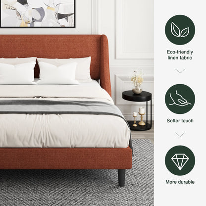 Queen Size Modern Platform Upholstered Bed Frame with Deluxe Wingback,Burnt Orange