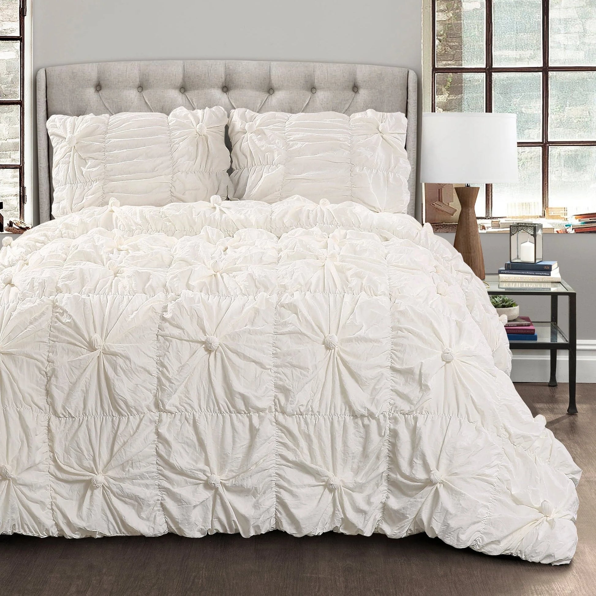 Bella Textured Ruching Comforter, Full/Queen, White, 3-Pc Set