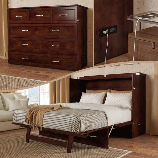 Deerfield Walnut Brown Wood Frame Full Murphy Bed Chest with 6 In. Mattress, Storage Drawer and Built-In Charger