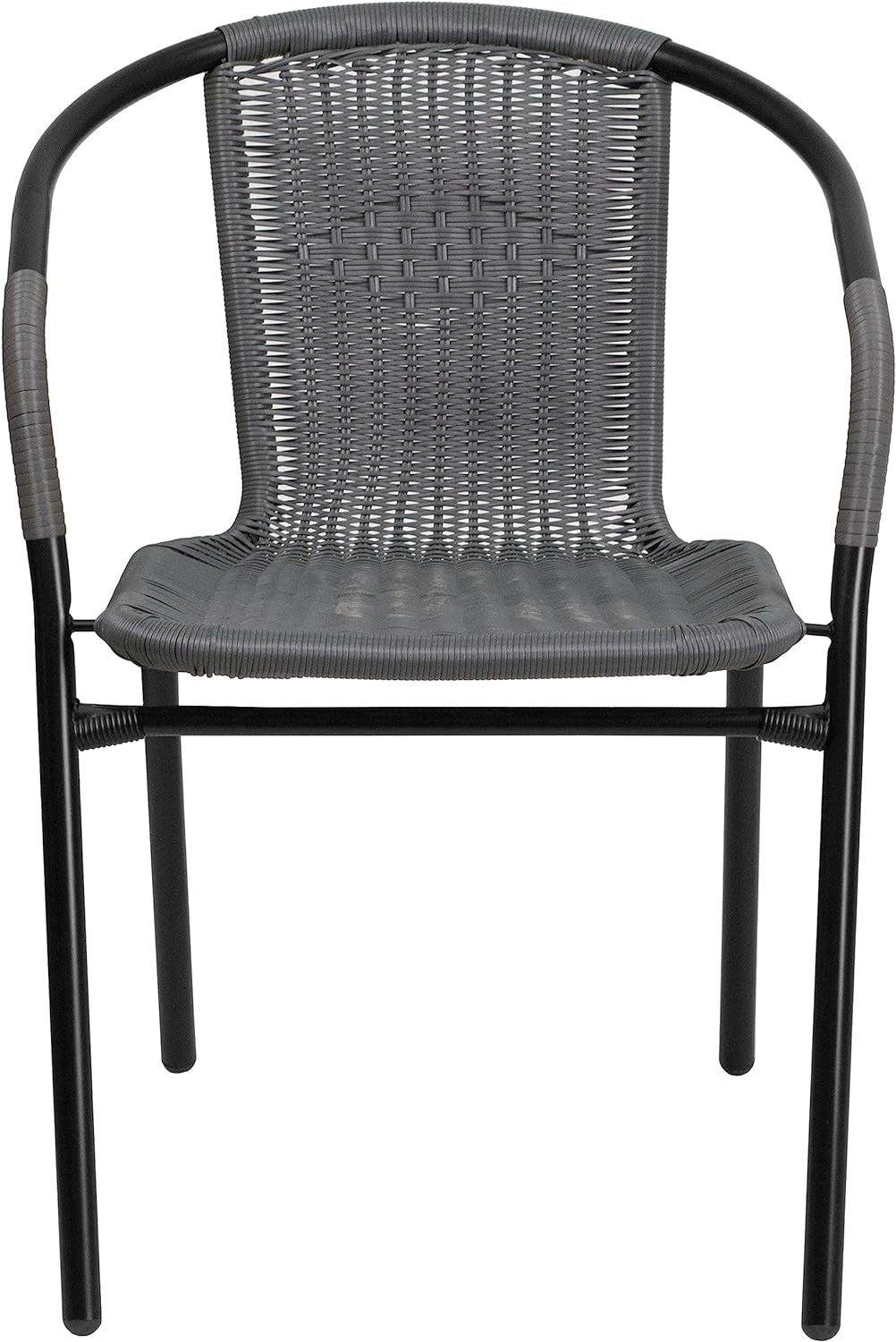Set of 2 Modern Rattan Indoor/Outdoor Stack Chairs, Stacking Rattan Patio Chairs with Curved Back and Cross Bracing, Gray