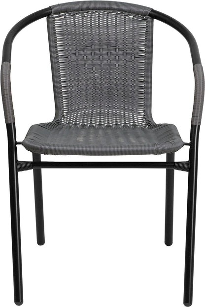 Set of 2 Modern Rattan Indoor/Outdoor Stack Chairs, Stacking Rattan Patio Chairs with Curved Back and Cross Bracing, Gray