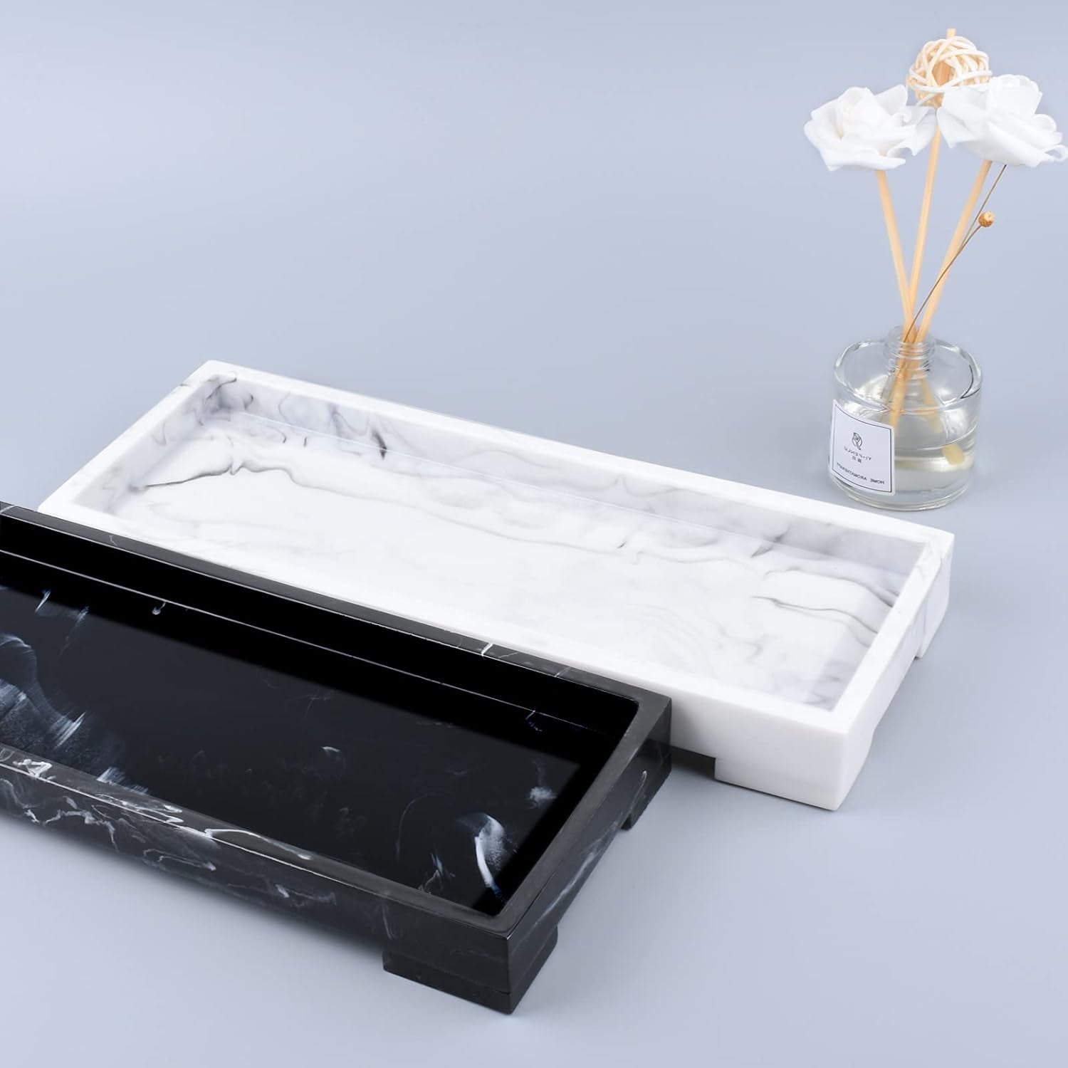 Vanity Toilet Tank Tray, White Elegant Marble Pattern Bathtub Organizer, Bathroom Collector for Small Things, Make-Up Desk, Resin Dresser Jewelry Tray - Medium Size