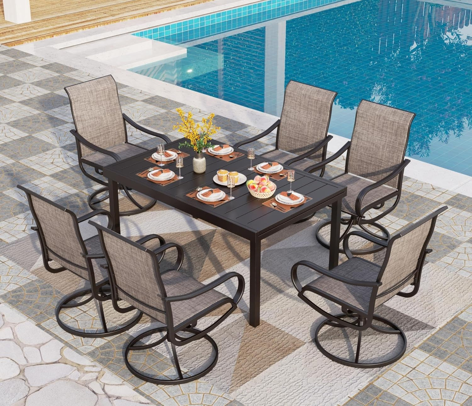 Patio Dining Set 7 Piece for All Weather, Outdoor Table & Chairs Set for 6 with Swivel Patio Dining Chairs and 1 Extendable Large Patio Table for 6-8 Person