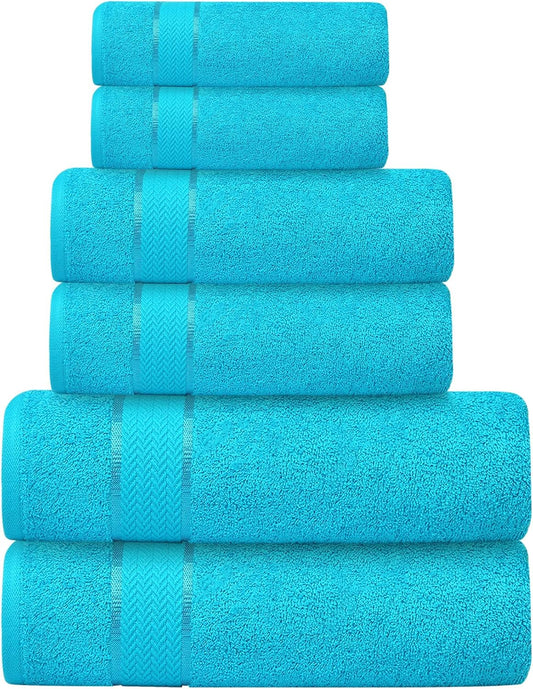 Bath Towels Set-100% Cotton- 2 Bath, 2 Hand & 2 Washcloths- Large, Thick, Fluffy, Absorbent, Quick Dry, Soft, Plush -Gift, Pool, Hotel, Gym Towel -6 Piece Luxury Bathroom Towels -Aqua Blue / Turquoise