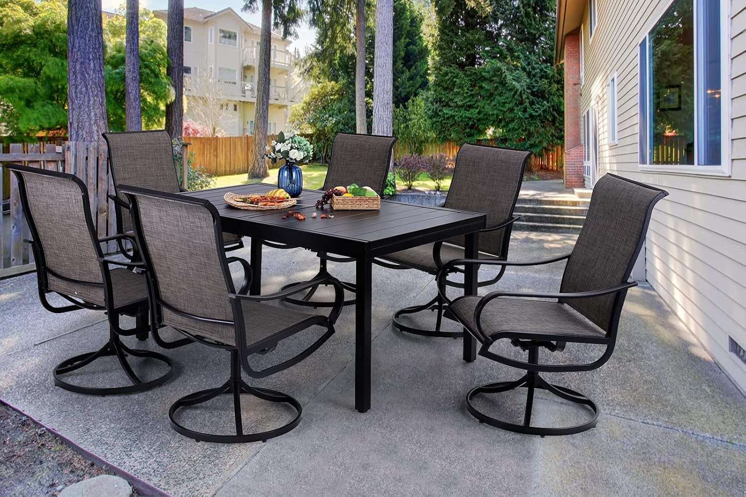 Patio Dining Set 7 Piece for All Weather, Outdoor Table & Chairs Set for 6 with Swivel Patio Dining Chairs and 1 Extendable Large Patio Table for 6-8 Person
