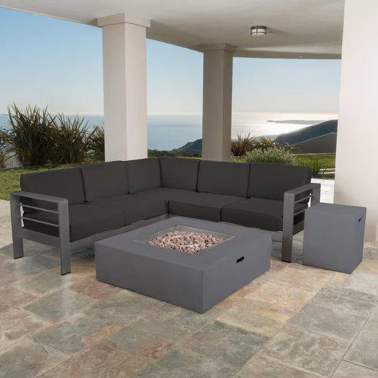 Gray 5-Piece Aluminum Outdoor Patio Fire Pit Conversation Set with Dark Gray Cushions
