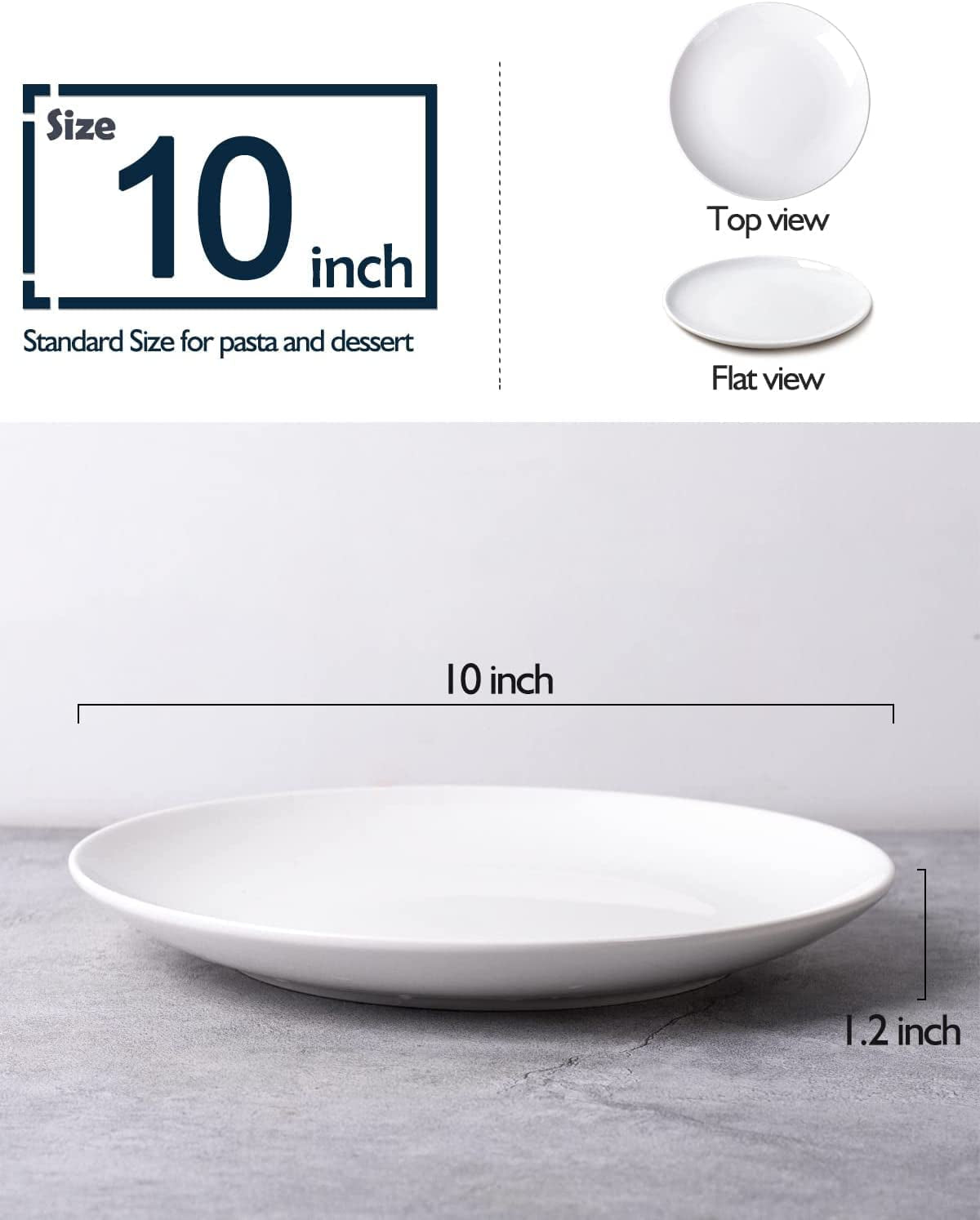 10 Inch White Dinner Plates Set, Porcelain Dessert/Salad Plate, Serving Dishes, Dinnerware Sets, Scratch Resistant, Microwave, Oven, and Dishwasher Safe - Set of 4