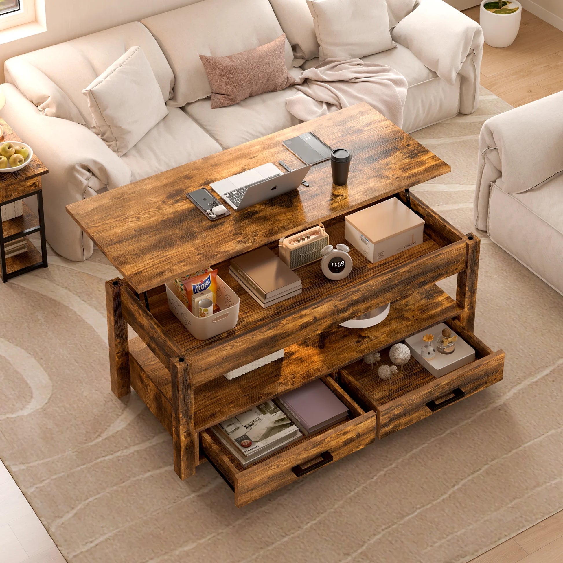 GUNAITO Lift Top Coffee Table with 2 Drawers,Wooden Convertible Coffee Table with Storage for Living Room,Center Table,Brown,42"