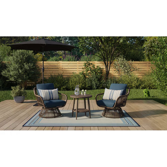 Killian 3 -Piece Wicker Patio Conversation Set with Blue Cushions