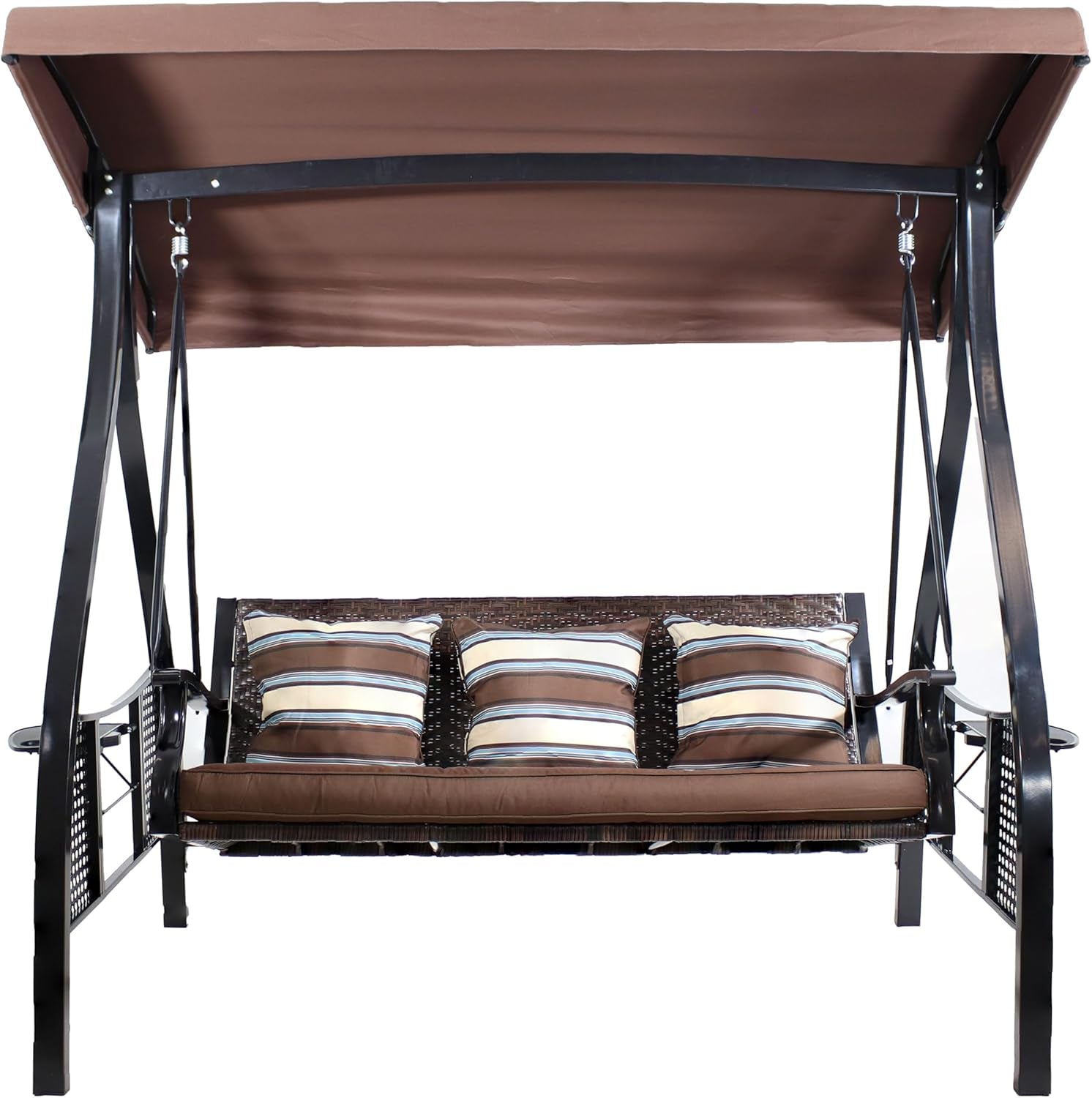 3-Seat Patio Swing with Steel Frame and Canopy - 600-Pound Weight Capacity - Brown Stripe Cushions
