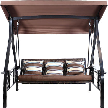 3-Seat Patio Swing with Steel Frame and Canopy - 600-Pound Weight Capacity - Brown Stripe Cushions