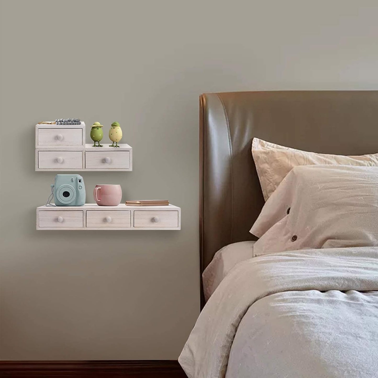 Floating Shelves for Wall Storage, Rustic Wood Floating Drawers Multiuse as Apothecary Cabinet or Floating Nightstand, Farmhouse Wall Shelves for Bedroom (Set of 3, White)