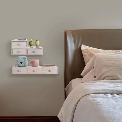 Floating Shelves for Wall Storage, Rustic Wood Floating Drawers Multiuse as Apothecary Cabinet or Floating Nightstand, Farmhouse Wall Shelves for Bedroom (Set of 3, White)
