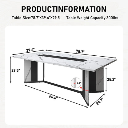 78 Inch Large Rectangular Dining Table for 8-10 People, Dining Table with Marble-Color Wood Waterproof Tabletop and Adjustable Leg, 6.5Ft Luxurious Family Dinner Table for Office Kitchen Living Room