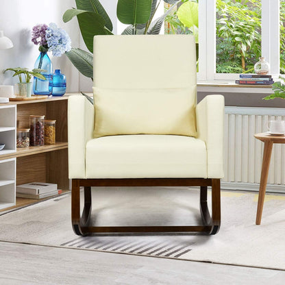Upholstered Rocking Chair, Modern High Back Armchair, Comfortable Rocker with Fabric Padded Seat, Waist Pillow and Wood Base Accent Chair for Nursery, Living Room, Bedroom, Office, Beige