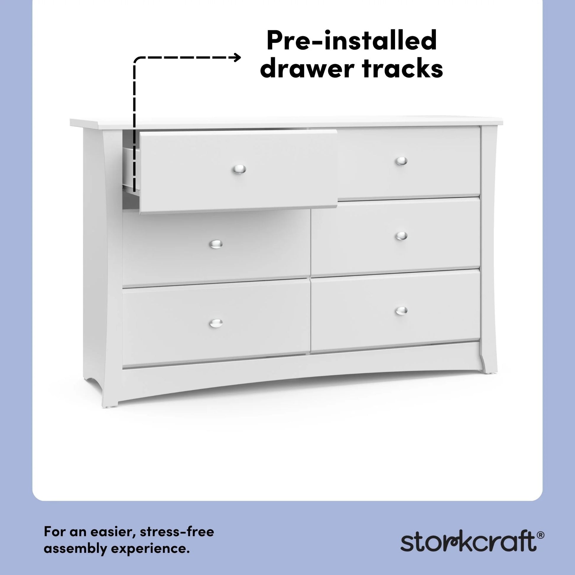 Crescent 6 Drawer Nursery Double Dresser, White