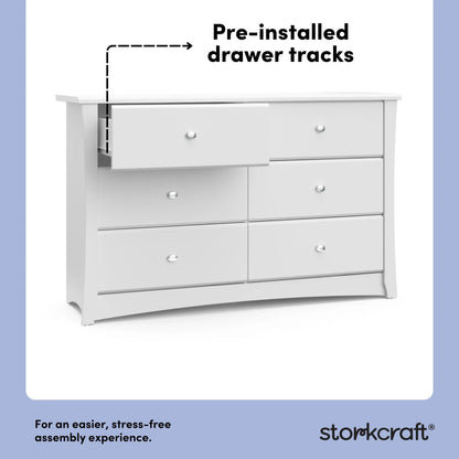 Crescent 6 Drawer Nursery Double Dresser, White
