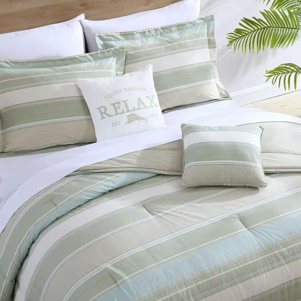 Serenity 5-Piece Green Striped Cotton Queen Comforter Set
