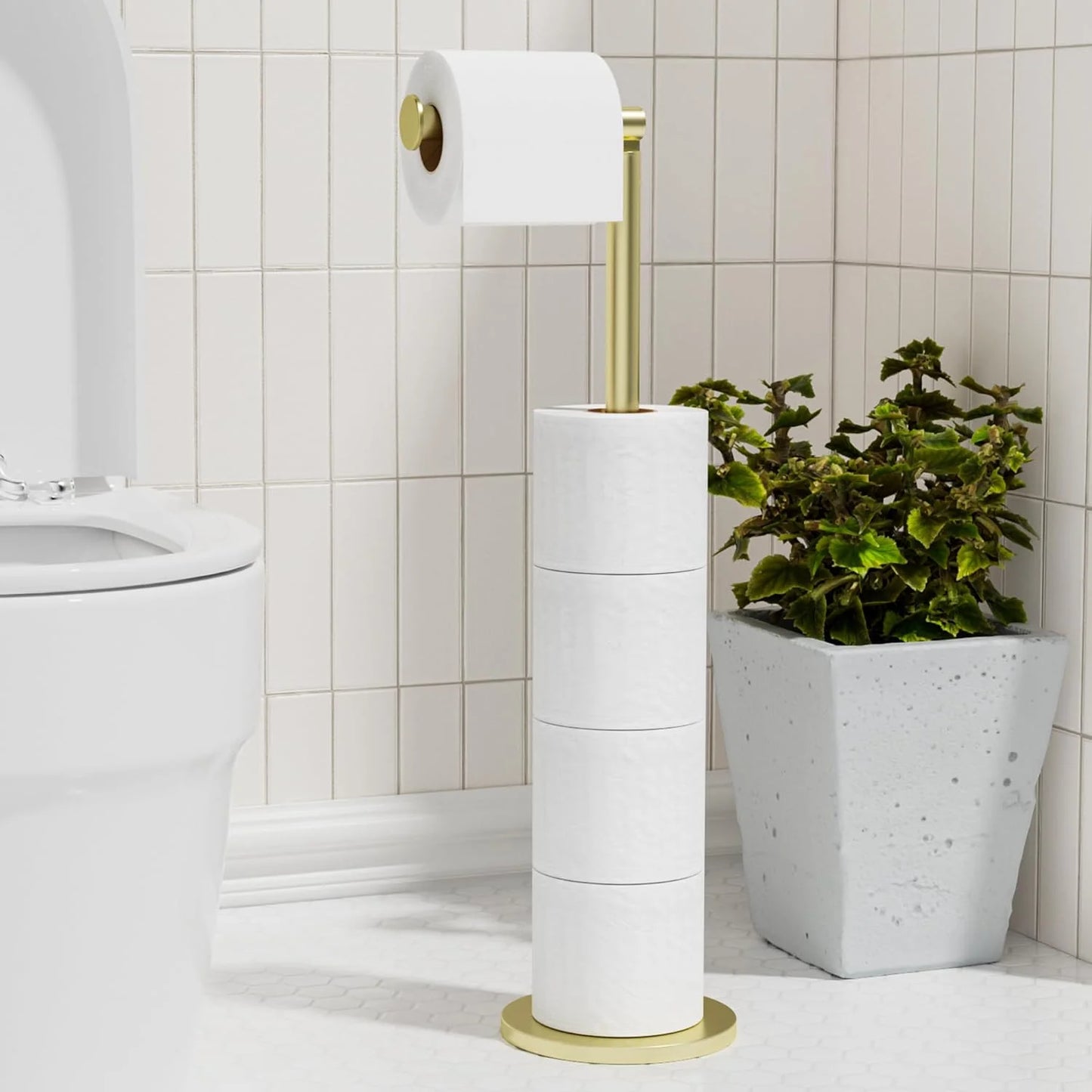 Folding Toilet Paper Holder Stand, Freestanding Toilet Roll Holder, Stainless Steel Paper Storage Holds 5 Paper Rolls, Rust Proof, Large Capacity