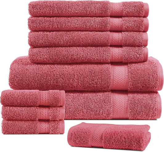 100% Cotton Bath Towel Set of 10, 2 Large Bath Towels, 4 Soft Hand Towels, 4 Wash Towels, Hotel Quality, Super Absorbent - Biking Red