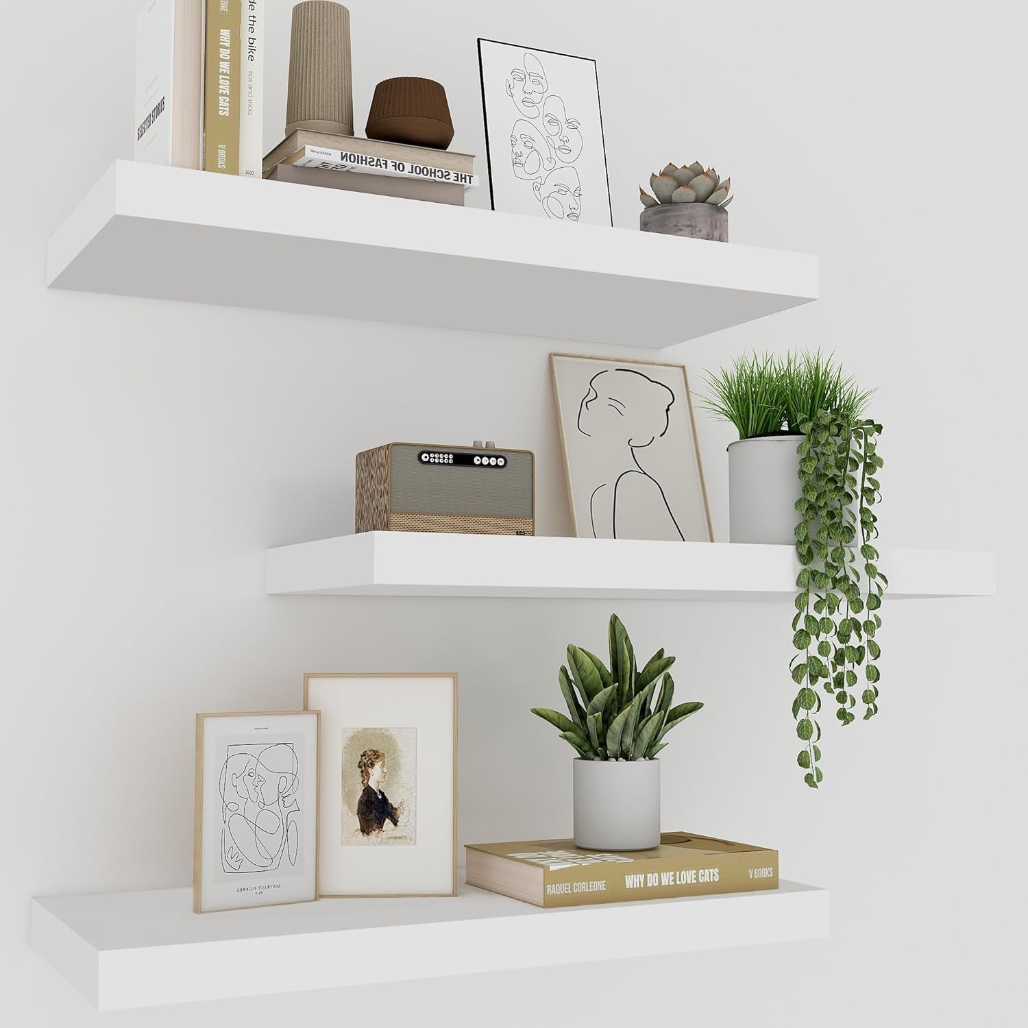 White Floating Shelves - Set of 3, 16" Wall Mounted Shelves for Home Decor, Living Room, Bedroom, Bathroom, Kitchen