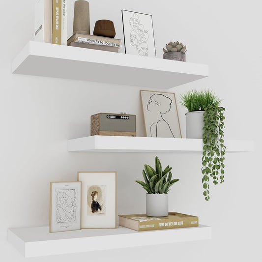 White Floating Shelves - Set of 3, 16" Wall Mounted Shelves for Home Decor, Living Room, Bedroom, Bathroom, Kitchen