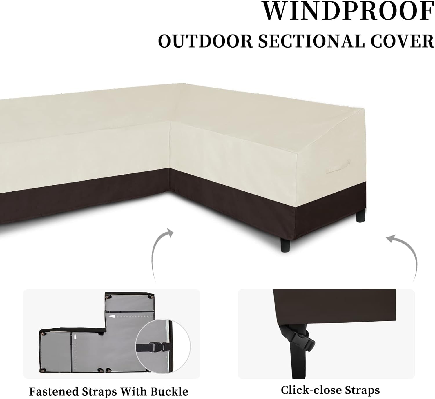 Patio L-Shaped Sectional Sofa Cover, Waterproof Outdoor Sectional Cover, Heavy Duty Garden Furniture Cover with Air Vent (Left Facing, Beige/Dark Brown)